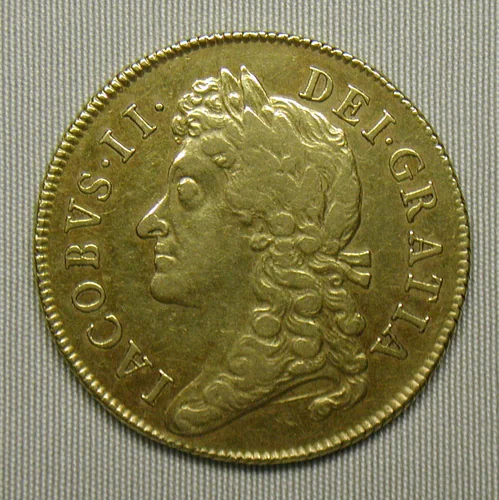 Two guineas coin of James II by John Roettier, metalwork, 1687