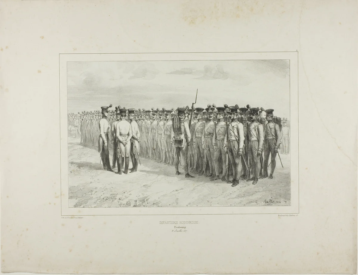 Hungarian Infantry, Presbourg, July 2, 1837 by Denis Auguste Marie Raffet, print, 1837
