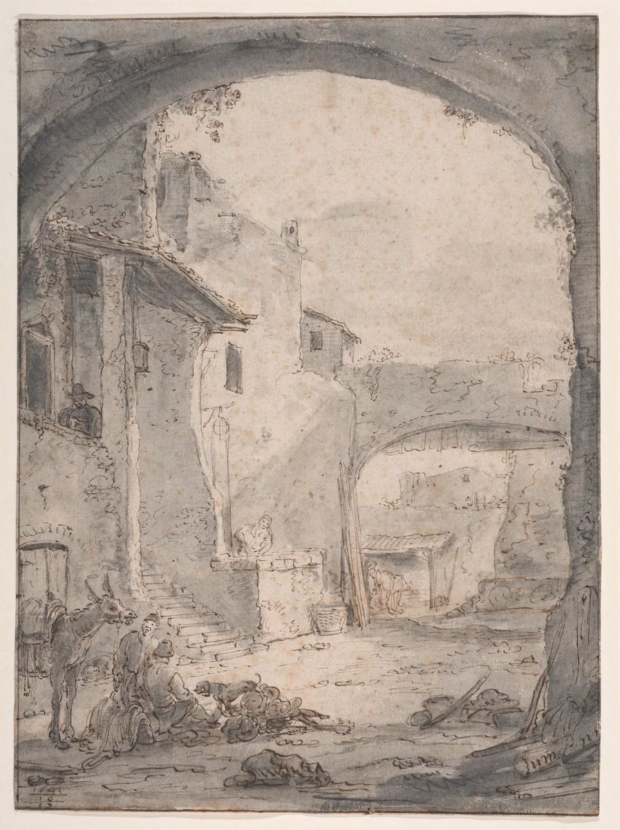 View in an Italianate Courtyard (courtyard with stairs and a round arch) by Thomas Wijck, drawing, 1643