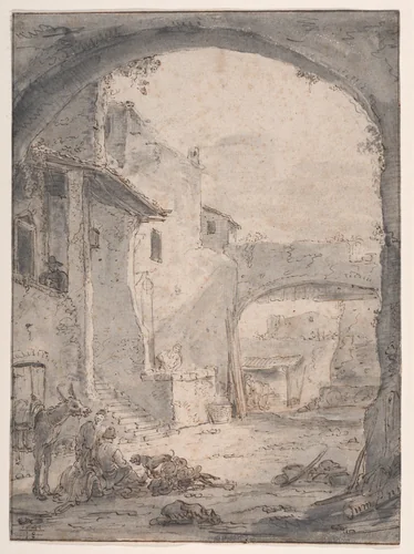 View in an Italianate Courtyard (courtyard with stairs and a round arch) by Thomas Wijck, drawing, 1643