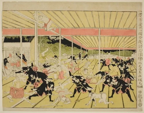 Perspective Picture of the Night Attack from Act XI of the Storehouse of Loyal Retainers (Chushingura juichidanme youchi no uki-e) by Kitao Masayoshi, print, 1815-1825