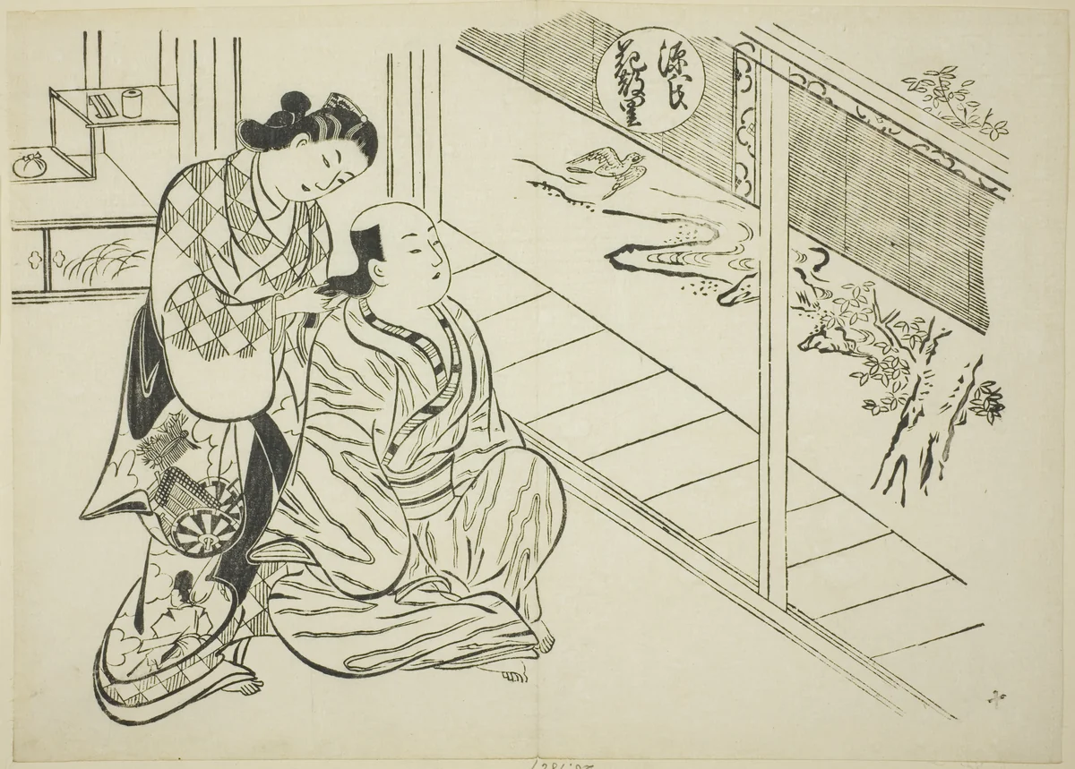 The Hanachirusato Chapter from "The Tale of Genji" (Genji Hanachirusato), from a series of Genji parodies by Okumura Masanobu (奥村政信), print, 1705-1715