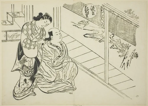 The Hanachirusato Chapter from "The Tale of Genji" (Genji Hanachirusato), from a series of Genji parodies by Okumura Masanobu (奥村政信), print, 1705-1715