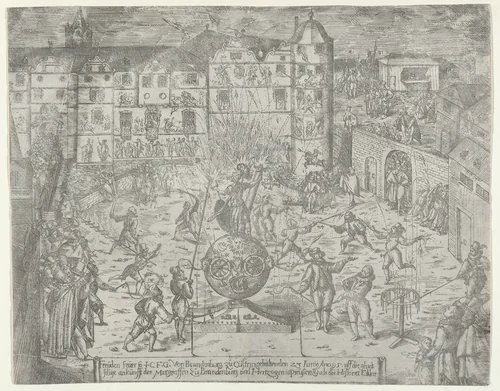 Fireworks on June 23, 1595, for the entry to Küstrin of the Margrave of Brandenburg and Duchess of Prussia by Georg Keller, print, 1595