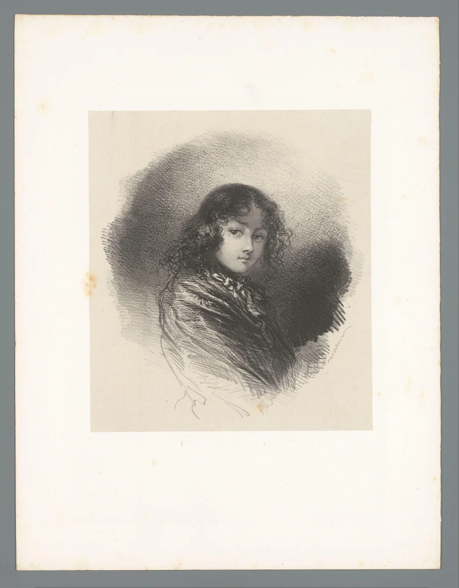 Jongen met donker krullend haar by Adolphe Mouilleron, print, 1830-1881