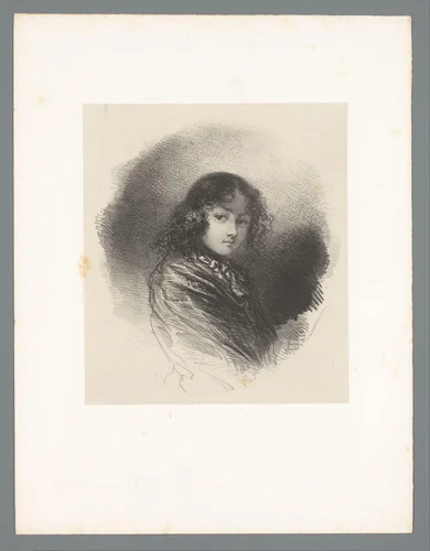 Jongen met donker krullend haar by Adolphe Mouilleron, print, 1830-1881