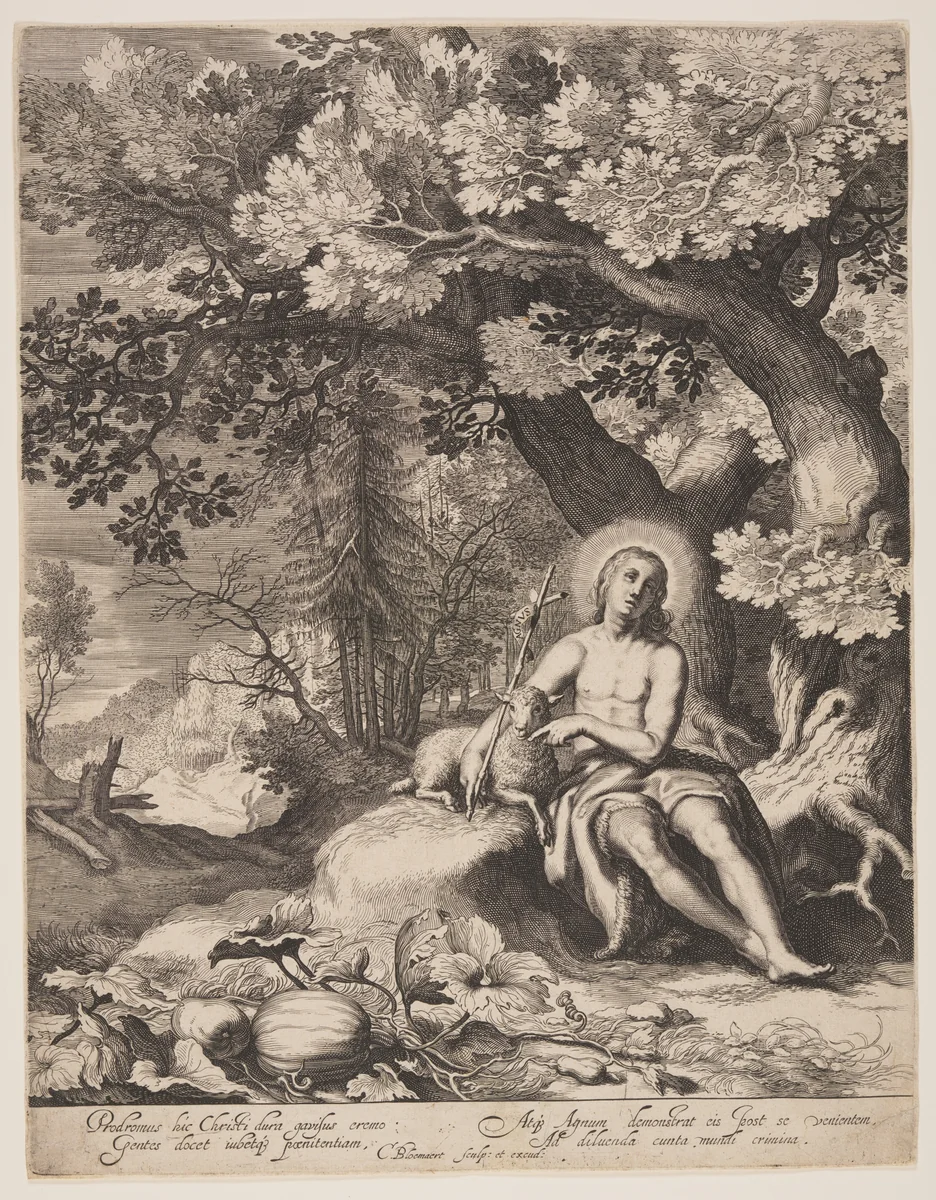 St John the Baptist in a Landscape by Cornelis Bloemaert, print, 1620-1624
