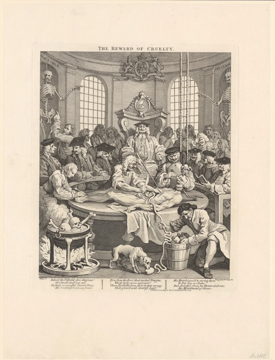 Gevangene wordt levend ontleed onder toezicht van professoren by William Hogarth, print, 1751