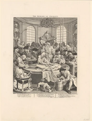 Gevangene wordt levend ontleed onder toezicht van professoren by William Hogarth, print, 1751