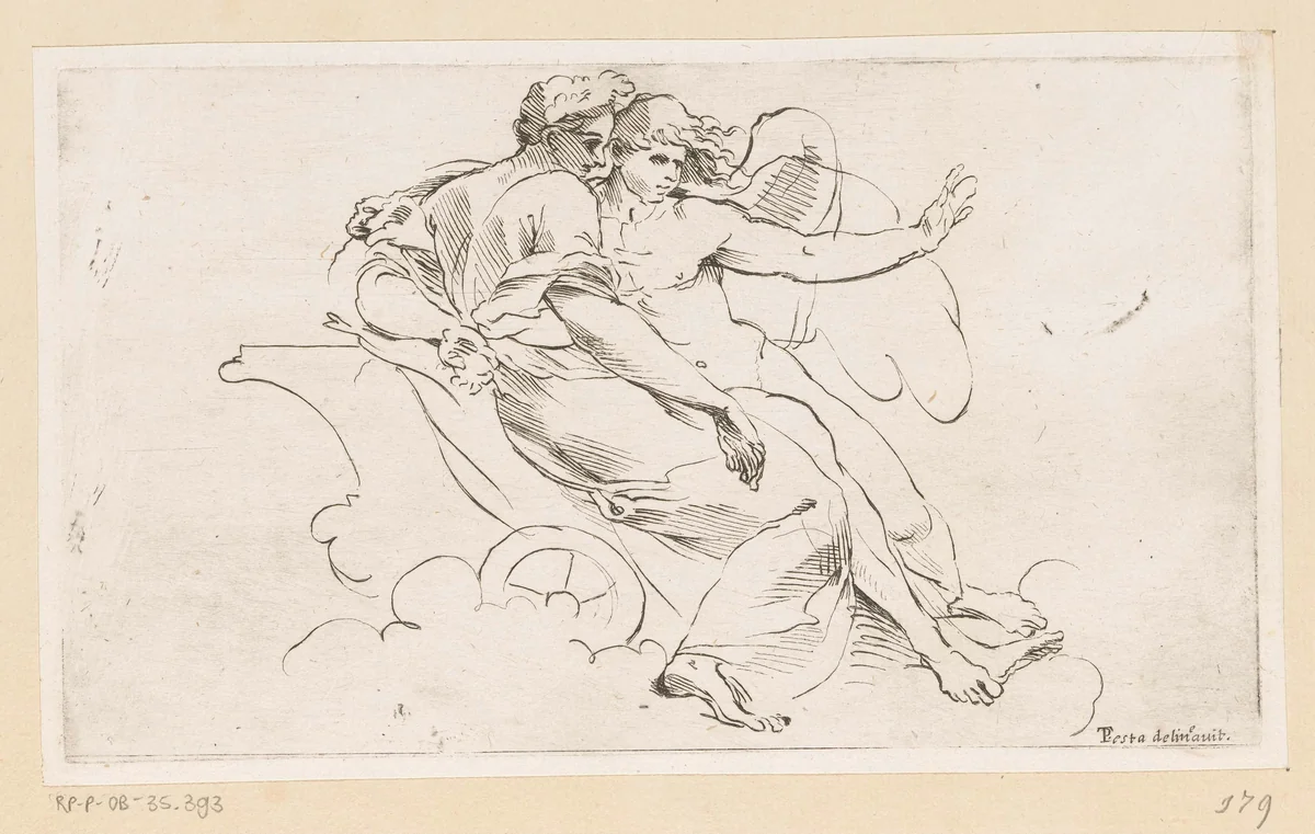 Flora en een engel op een strijdwagen by anonymous, print, 1650-1750