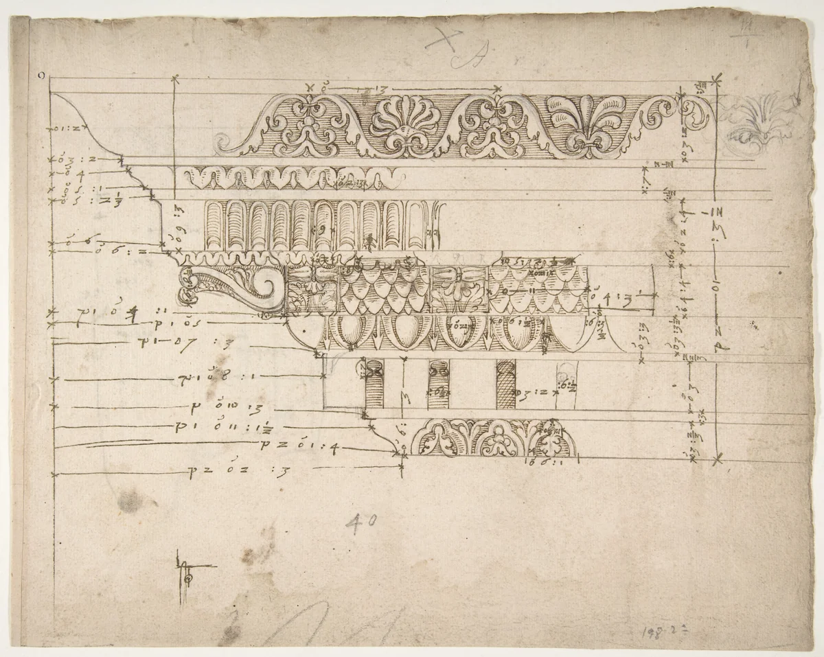 Arch of Camigliano, cornice, elevation in profile, ornamental detailing (recto) Unidentified, Doric capital; Arch of Camigliano, cornice, profile, sketch (verso) by anonymous, drawing, 1500-1560