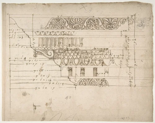 Arch of Camigliano, cornice, elevation in profile, ornamental detailing (recto) Unidentified, Doric capital; Arch of Camigliano, cornice, profile, sketch (verso) by anonymous, drawing, 1500-1560