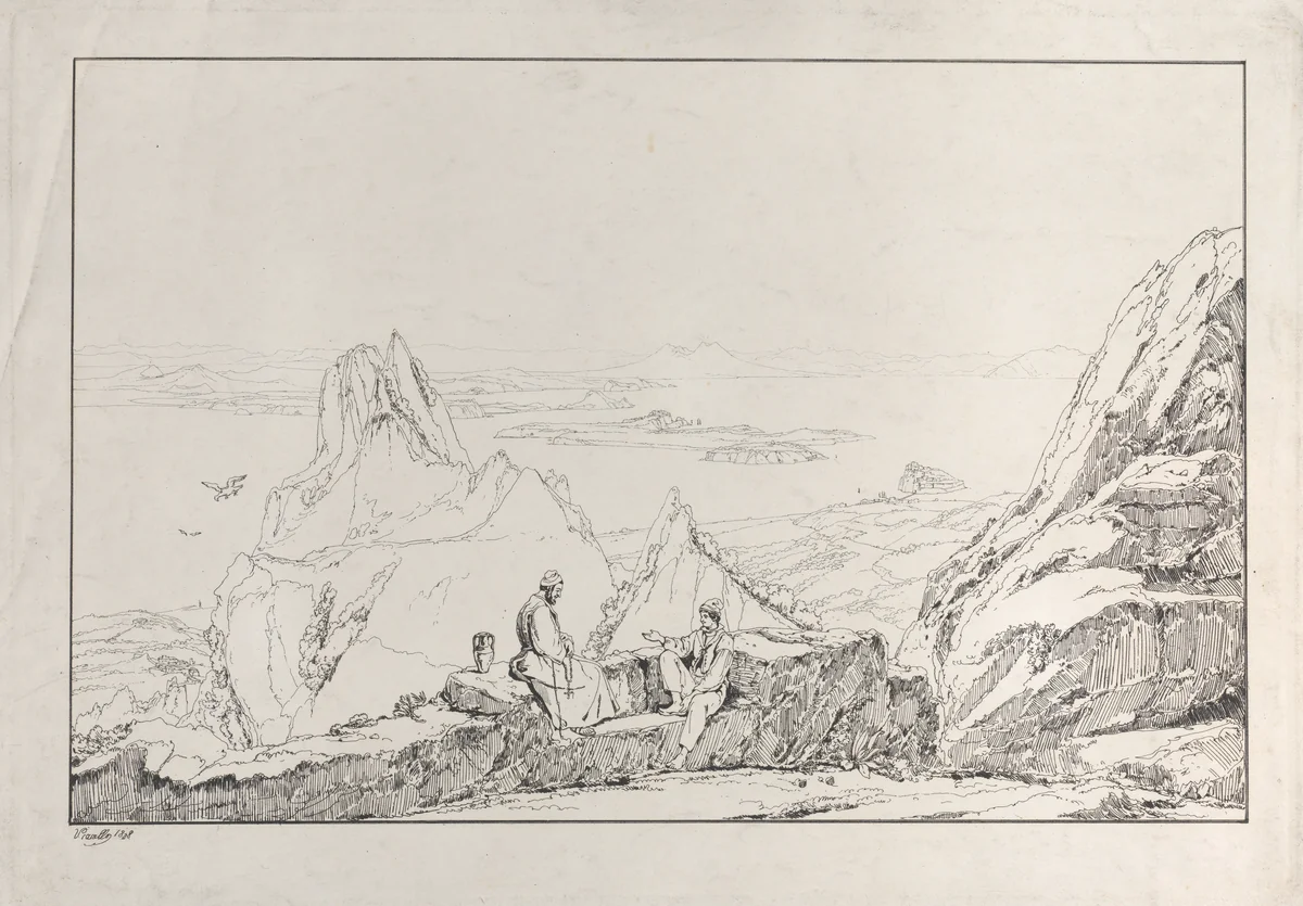 Mountainous landscape with two men in the foreground by Antonio Vianello, print, 1828