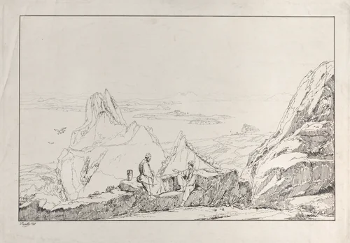 Mountainous landscape with two men in the foreground by Antonio Vianello, print, 1828