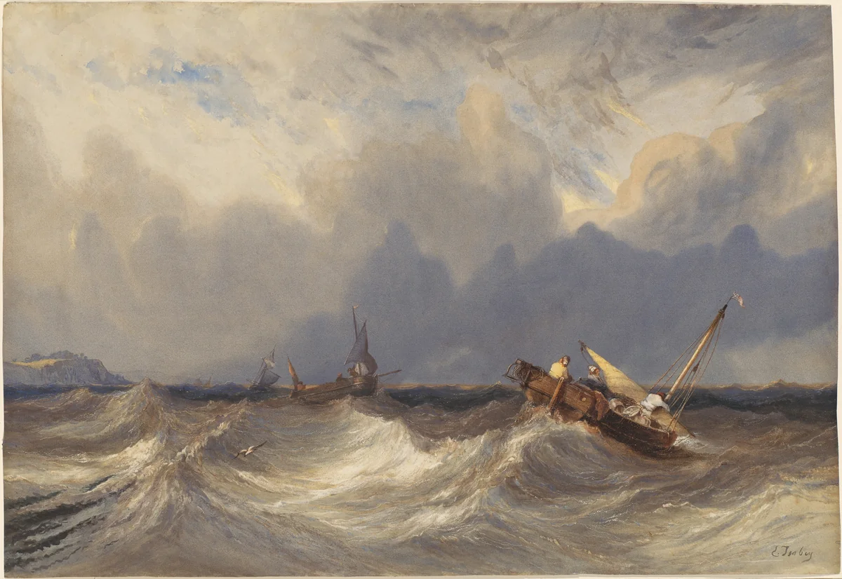 Fishing Boats Tossed before a Storm by Eugène Isabey, drawing, 1803-1886