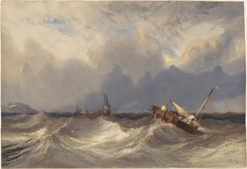 Fishing Boats Tossed before a Storm by Eugène Isabey, drawing, 1803-1886