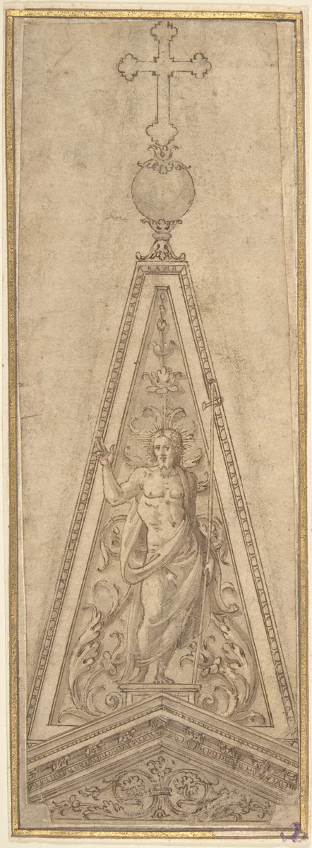 Design for Pediments with the Resurrected Christ surmounted by a Crucifix by anonymous, drawing, 1500-1599