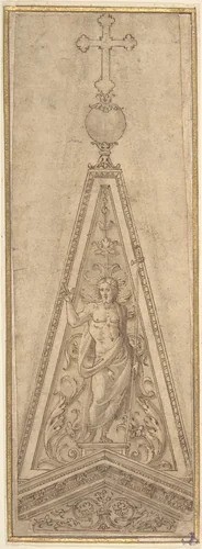 Design for Pediments with the Resurrected Christ surmounted by a Crucifix by anonymous, drawing, 1500-1599