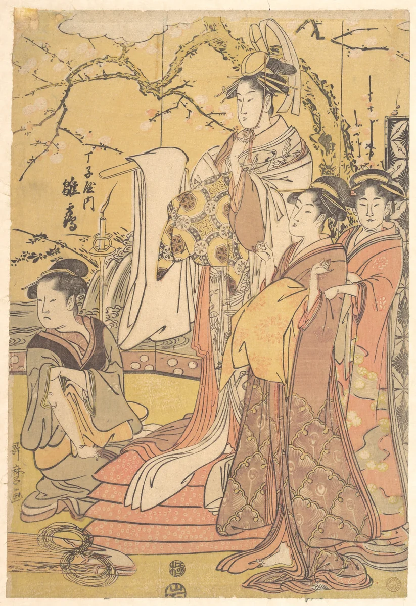 The Oiran Hinazuru of Chojiya Standing upon a Pile of Futon by Kitagawa Utamaro (喜多川歌麿), print, 1784-1804