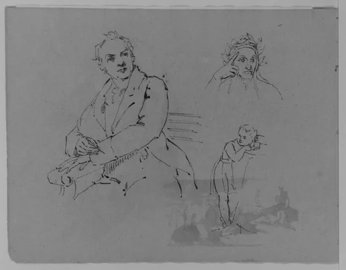 Portrait of Seated Man; Bust of Contemplative Dante; Child Leaning on a Woman's Lap (from Sketchbook) by Thomas Sully, artwork, 1810-1820