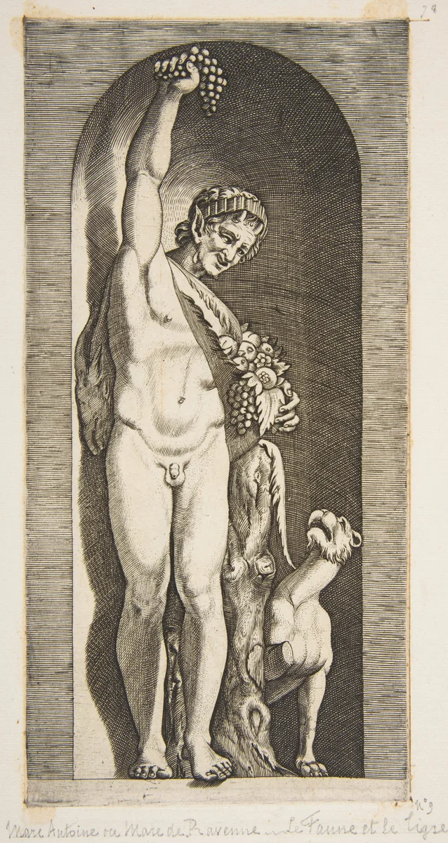 A faun standing in a niche holding aloft a bunch of grapes with his right hand and fruit with his left hand, a dog lower right by Marco Dente, print, 1510-1532