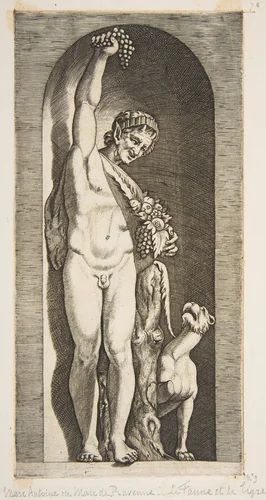A faun standing in a niche holding aloft a bunch of grapes with his right hand and fruit with his left hand, a dog lower right by Marco Dente, print, 1510-1532