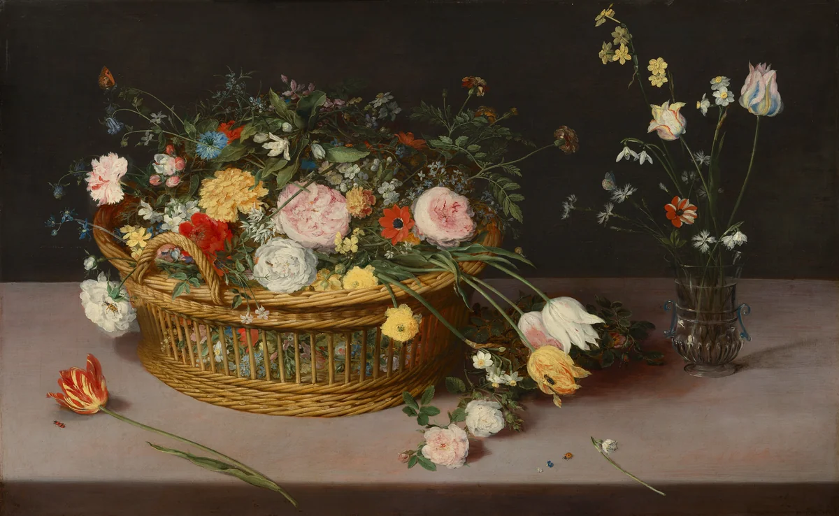 Flowers in a Basket and a Vase by Jan Brueghel, painting, 1615