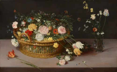 Flowers in a Basket and a Vase by Jan Brueghel, painting, 1615