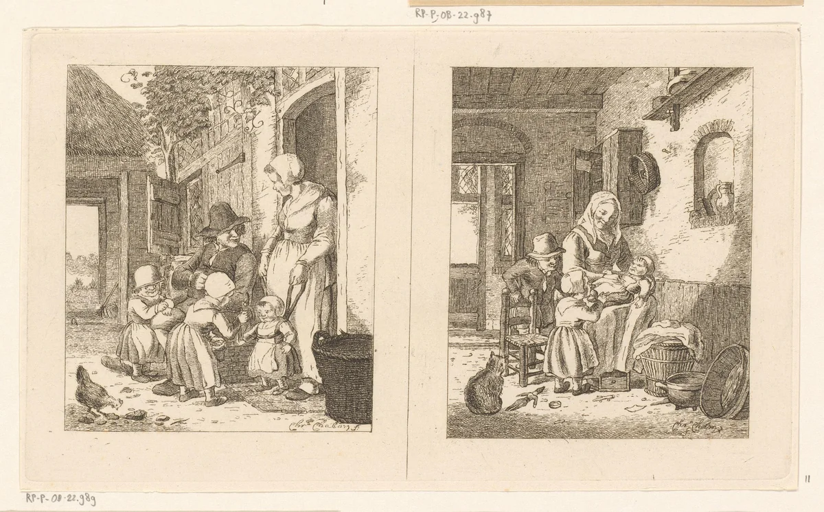 Gezin voor een huis en een vrouw met kinderen by Pieter de Mare, print, 1779