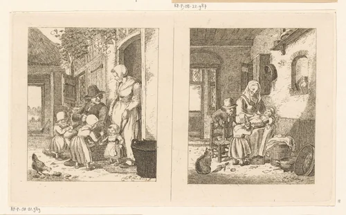 Gezin voor een huis en een vrouw met kinderen by Pieter de Mare, print, 1779