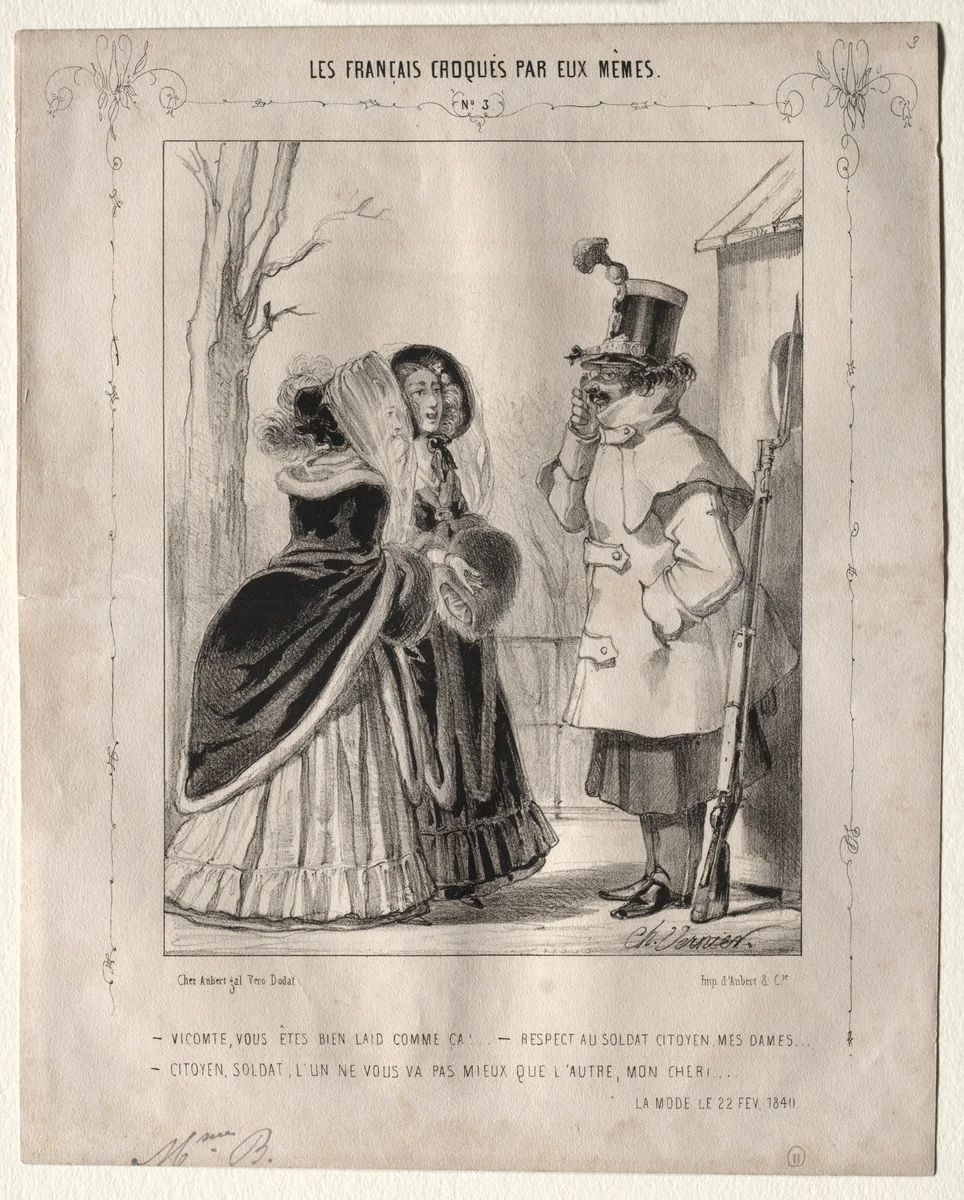 Les Français croquès par eux-mêmes: Vicomte, vous êtes bien laid comme ca!,,,Respect au soldat citoyen, mes dames...Citoyen, soldat, l'un ne vous va pas mieux que l'autre, mon cher! by Charles Vernier, print, 1840