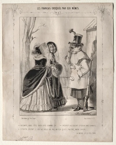 Les Français croquès par eux-mêmes: Vicomte, vous êtes bien laid comme ca!,,,Respect au soldat citoyen, mes dames...Citoyen, soldat, l'un ne vous va pas mieux que l'autre, mon cher! by Charles Vernier, print, 1840
