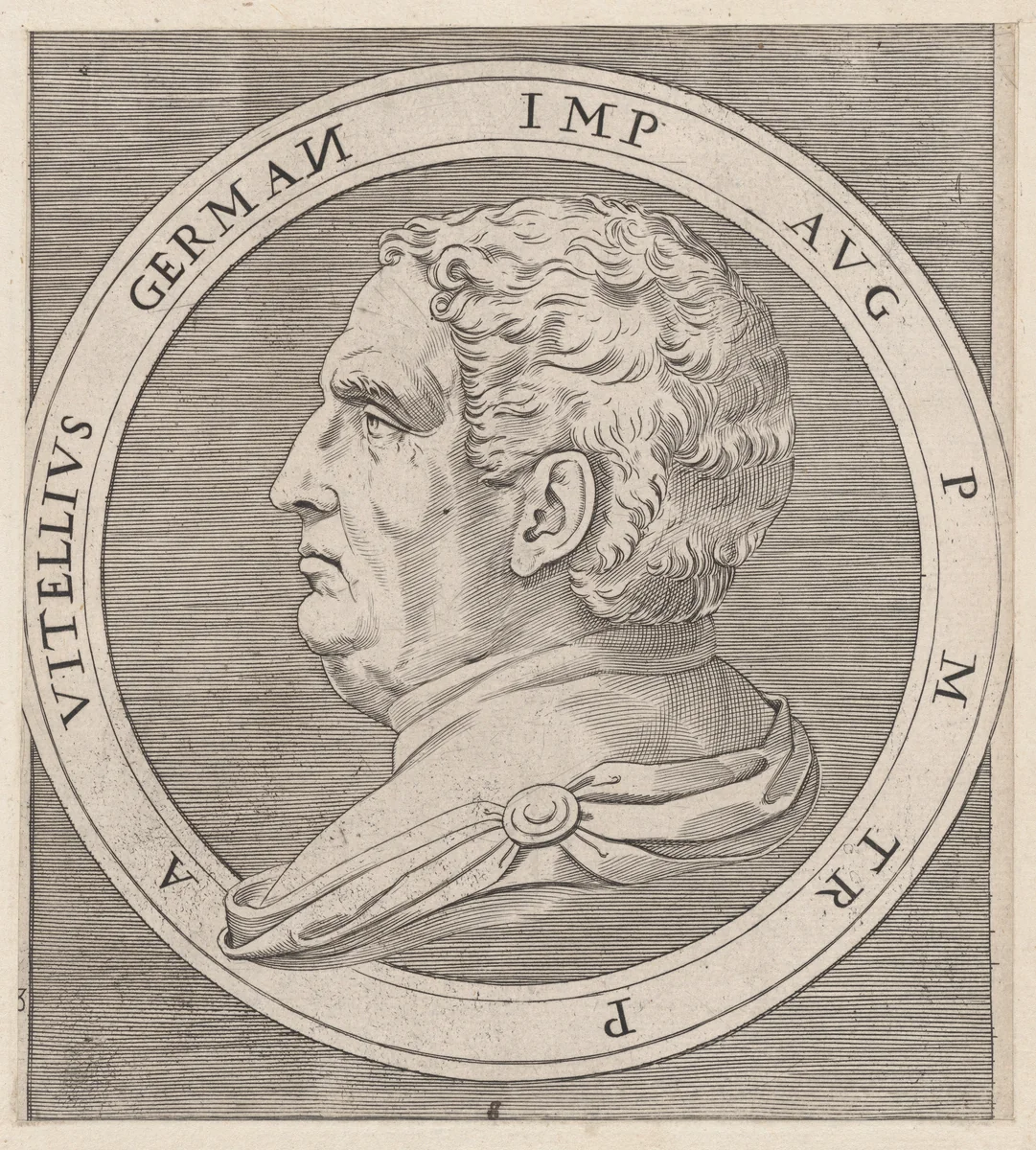 Vitellius, from The Twelve Caesars, from "Speculum Romanae Magnificentiae" by Marcantonio Raimondi, print, 1495-1539