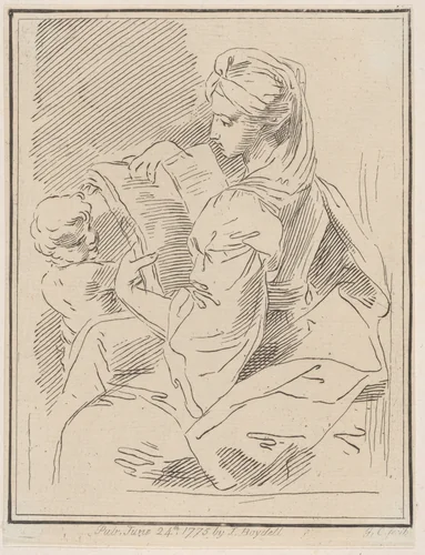 Sybil (?) holding a book with a child at left by Giuseppe Canale, print, 1775