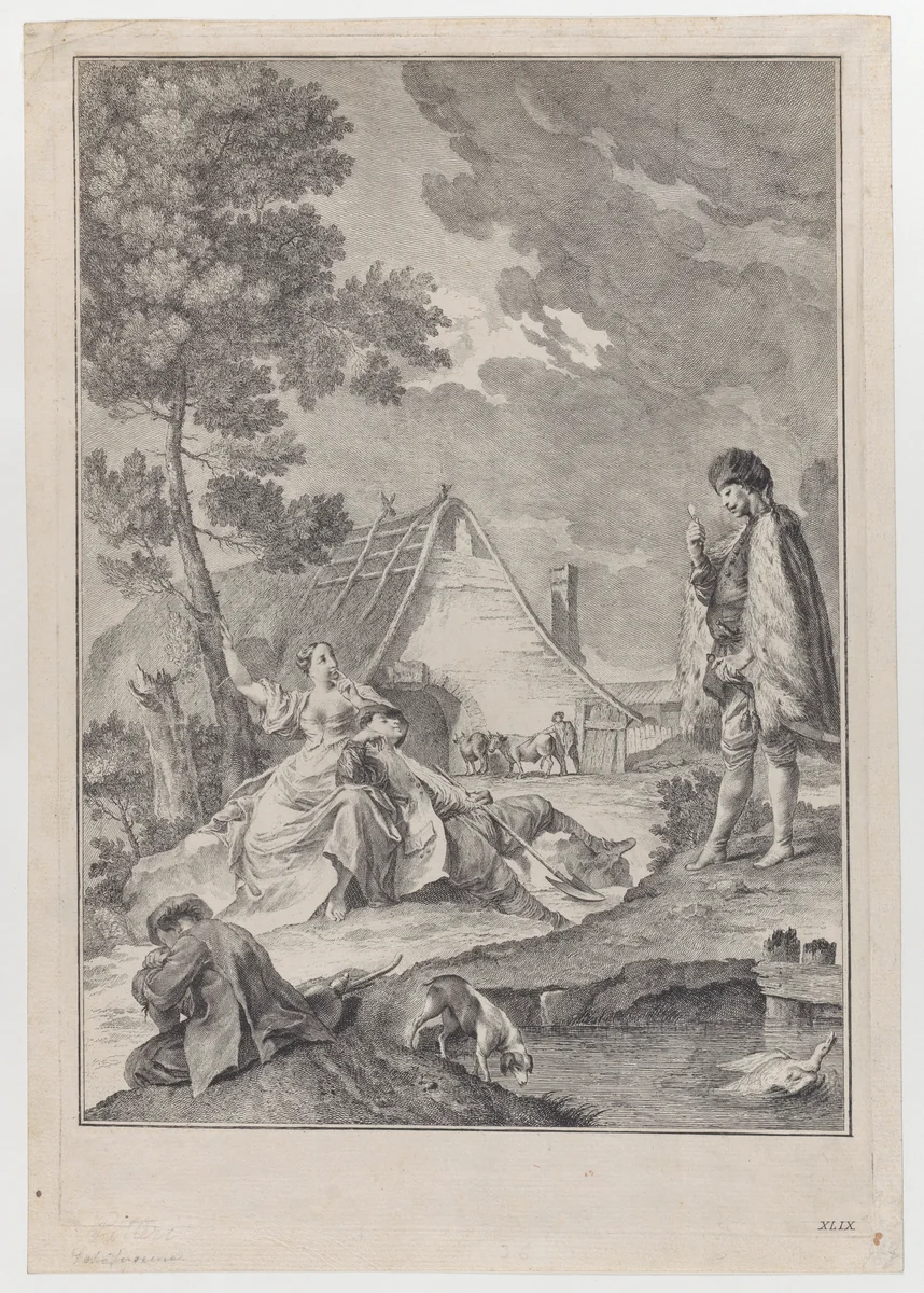 Plate XLIX: Pastoral scene with peasants napping, one resting on a woman under a tree, a soldier approaches at right; from 'Studi di pittura gia dissegnati da Giambatista Piazzetta' after Giovanni Battista Piazzetta by Giuliano Giampiccoli, print, 1720-1759