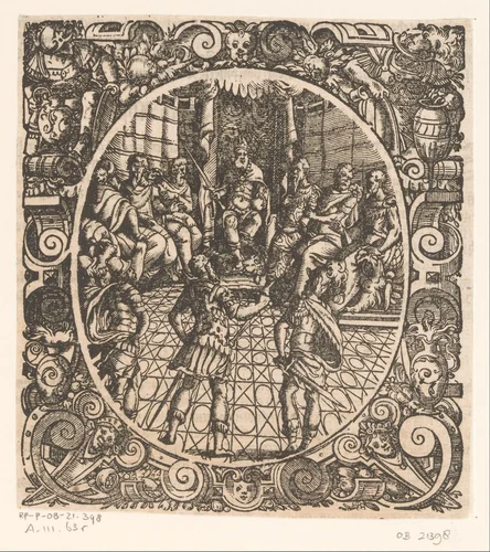Heerser omringd door negen mannen by Jost Amman, print, 1573