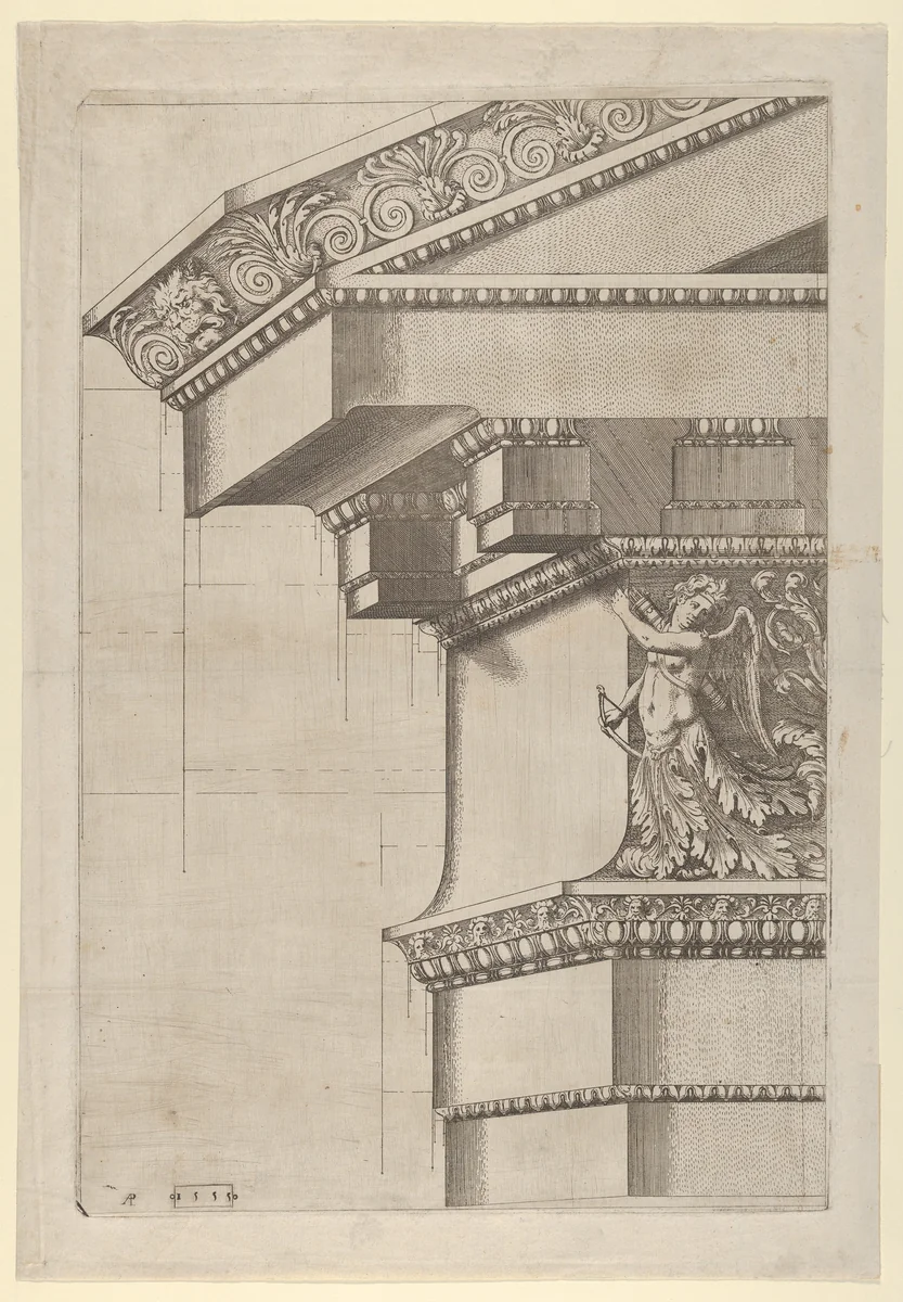 Temple of Serapis, pediment and cornice, projection view by Master AP, print, 1555