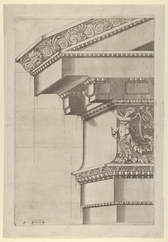 Temple of Serapis, pediment and cornice, projection view by Master AP, print, 1555