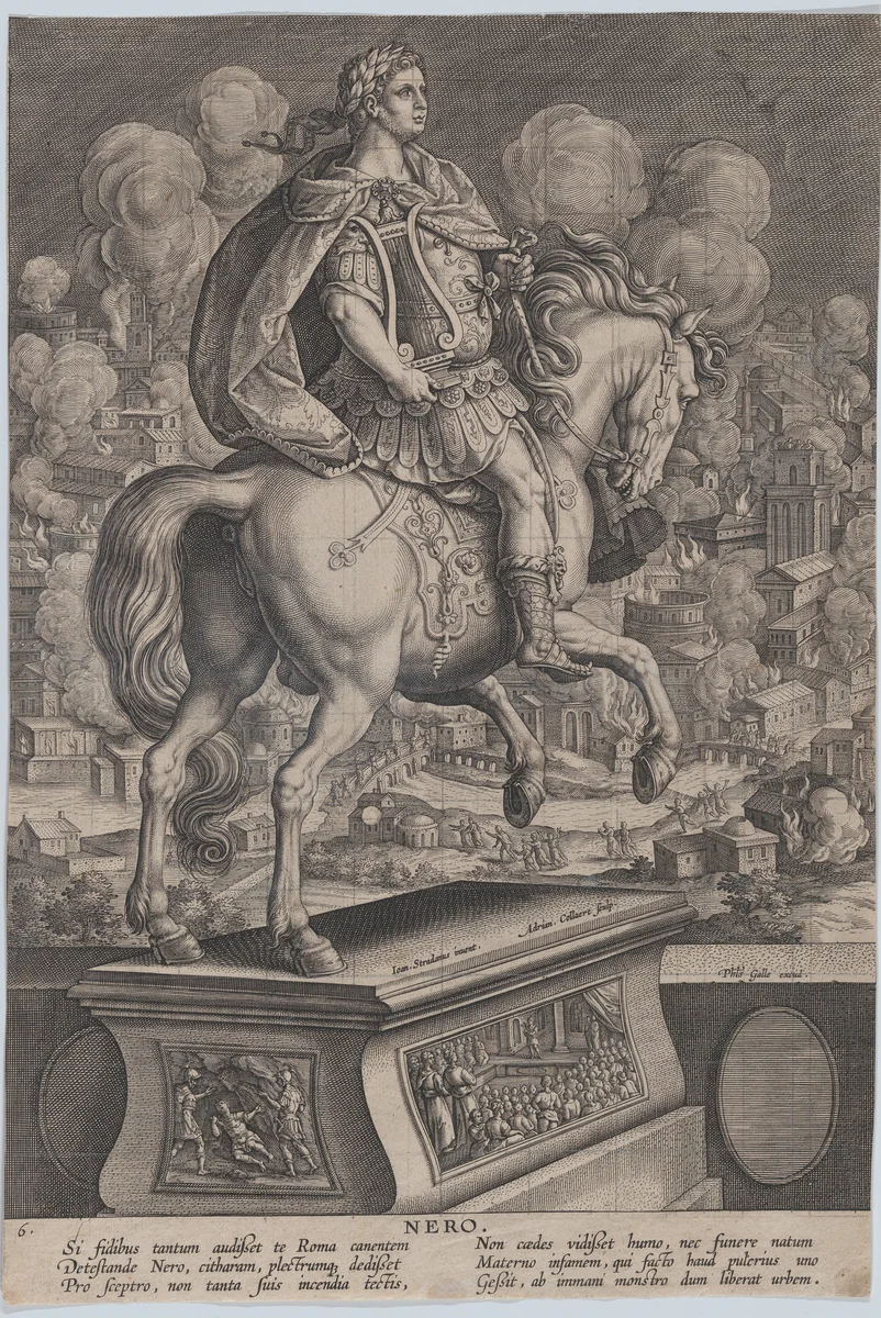 Plate 6: equestrian statue of Nero, seen from behind, the Great Fire of Rome in the background, from 'Roman Emperors on Horseback' by Adriaen Collaert, print, 1582-1594