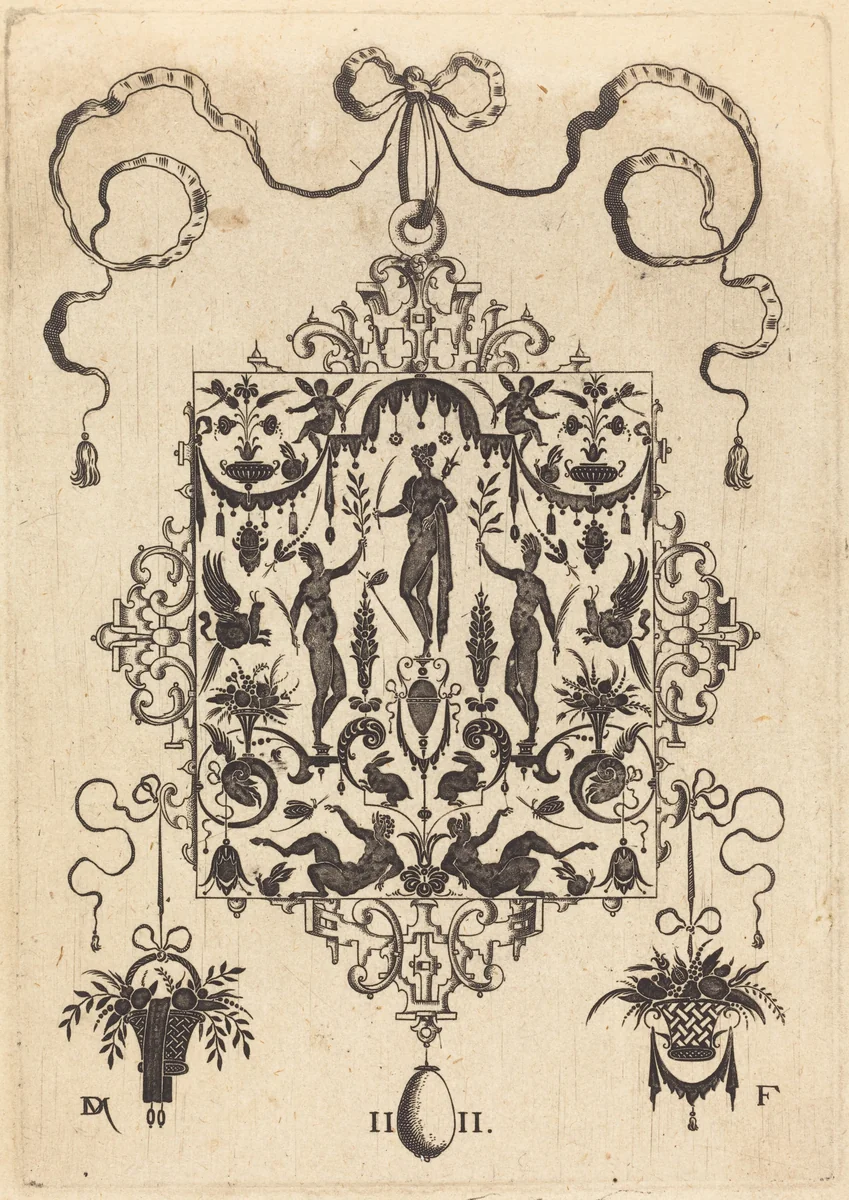 Large Pendant, Three Nude Women with Twigs at Centre by Daniel Mignot, print, 1596