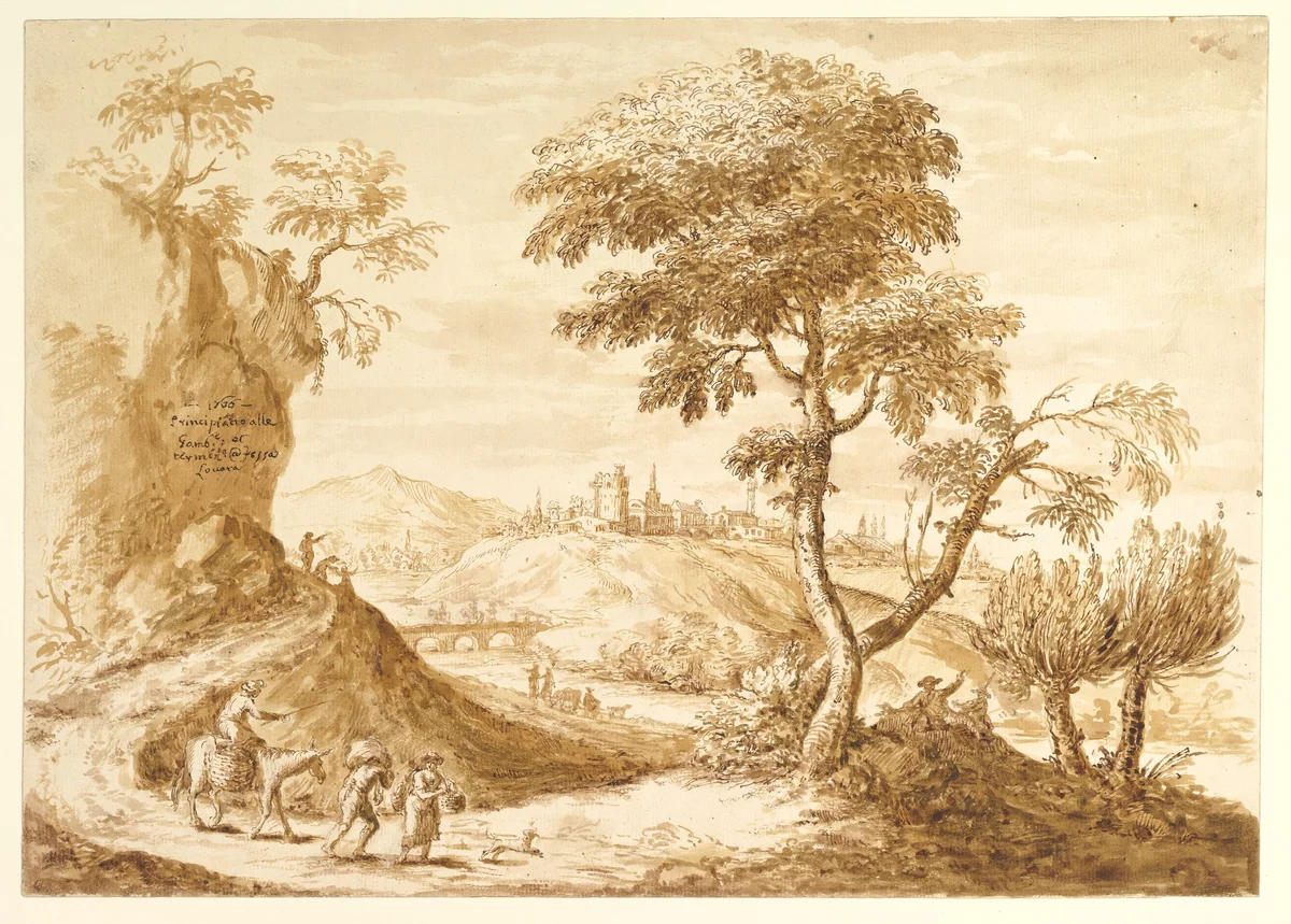 Landscape with a Town in the Distance by Anton Maria Zanetti, drawing, 1680-1767