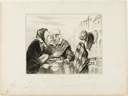 “- What a fuss this sour-face from the fifth floor is making! Wearing a hat just to buy two cups of milk for one sou! - Oh, Madame Capitaine, aren't we fancy today...,” plate 36 Types Parisiens by Honoré-Victorin Daumier, print, 1840