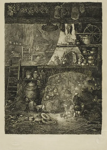 Interior, Peasant House in Haute-Garonne by Rodolphe Bresdin, print, 1858