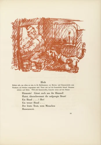 Job and the Poodle (Hiob und der Pudel) (headpiece, page 21) from Hiob (Job) by Oskar Kokoschka, illustrated book, 1916