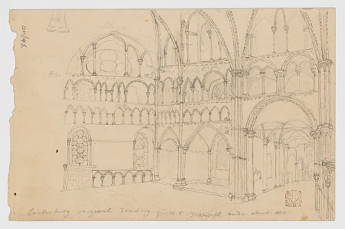 Northeast Transept of Canterbury Cathedral (recto); Architectural Details (verso) by anonymous, drawing, 1790-1810