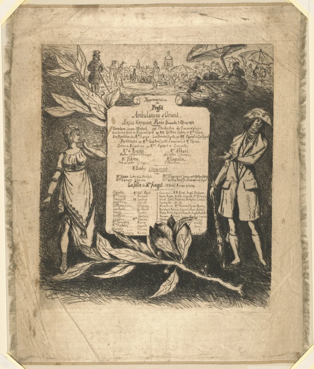 Programme de la représentation du 3 février 1878, salle Ventadour by Vicomte Ludovic Lepic; Alfred Cadart, print, 1878