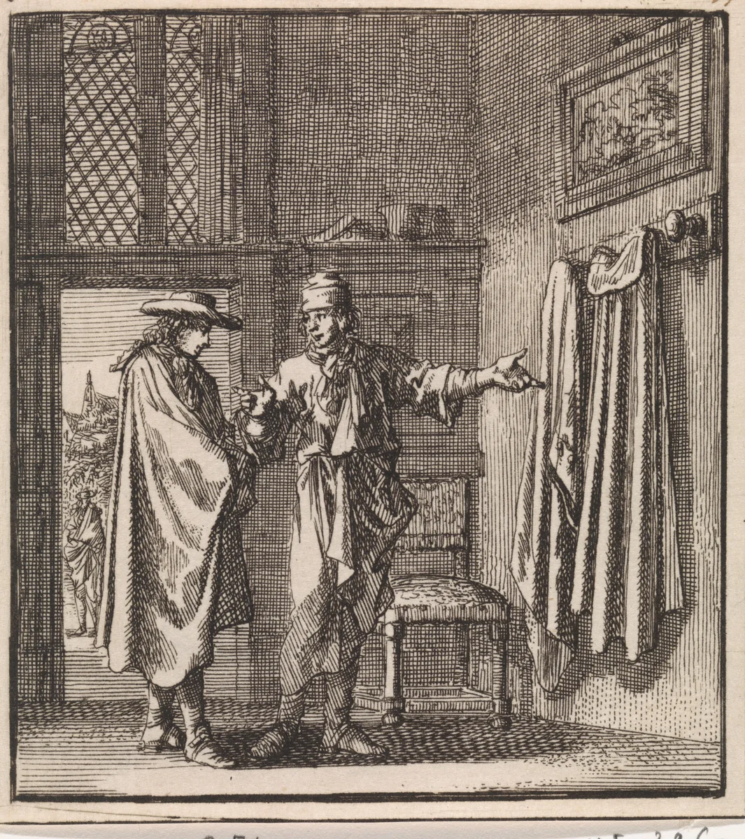 Man toont een kapstok aan een andere man by Jan Luyken, print, 1711