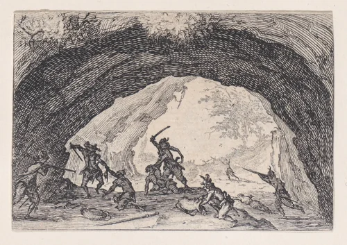 La Caverne de Brigands (The Cave of Thieves), from "Les Caprices" Series A, The Florence Set by Jacques Callot, print, 1617