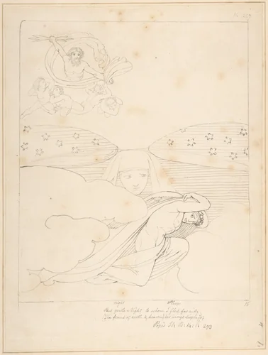 Sleep Escaping from the Wrath of Jupiter – "But gentle Night to whom I fled for Aid (the Friend of Earth and Heaven), Her Wings Display'd" (Pope's Iliad, Book 14, line 293) by John Flaxman, drawing, 1793
