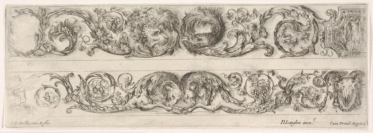 Two Frieze Designs with Acanthus Scrolls combined with a Lion and Eagle on top and Two Rams below, plate 5 from "Decorative friezes and foliage" (Ornamenti di fregi e fogliami) by Stefano della Bella, print, 1645-1650